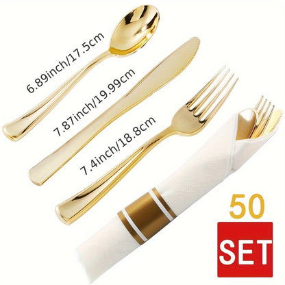 Gold Plastic Plates Disposable Dinnerware Set 350pcs, 50 Dinner Plates, 50 Dessert Plates, 50 Gold Rim 9oz Cups & 50 Gold Cutlery Sets