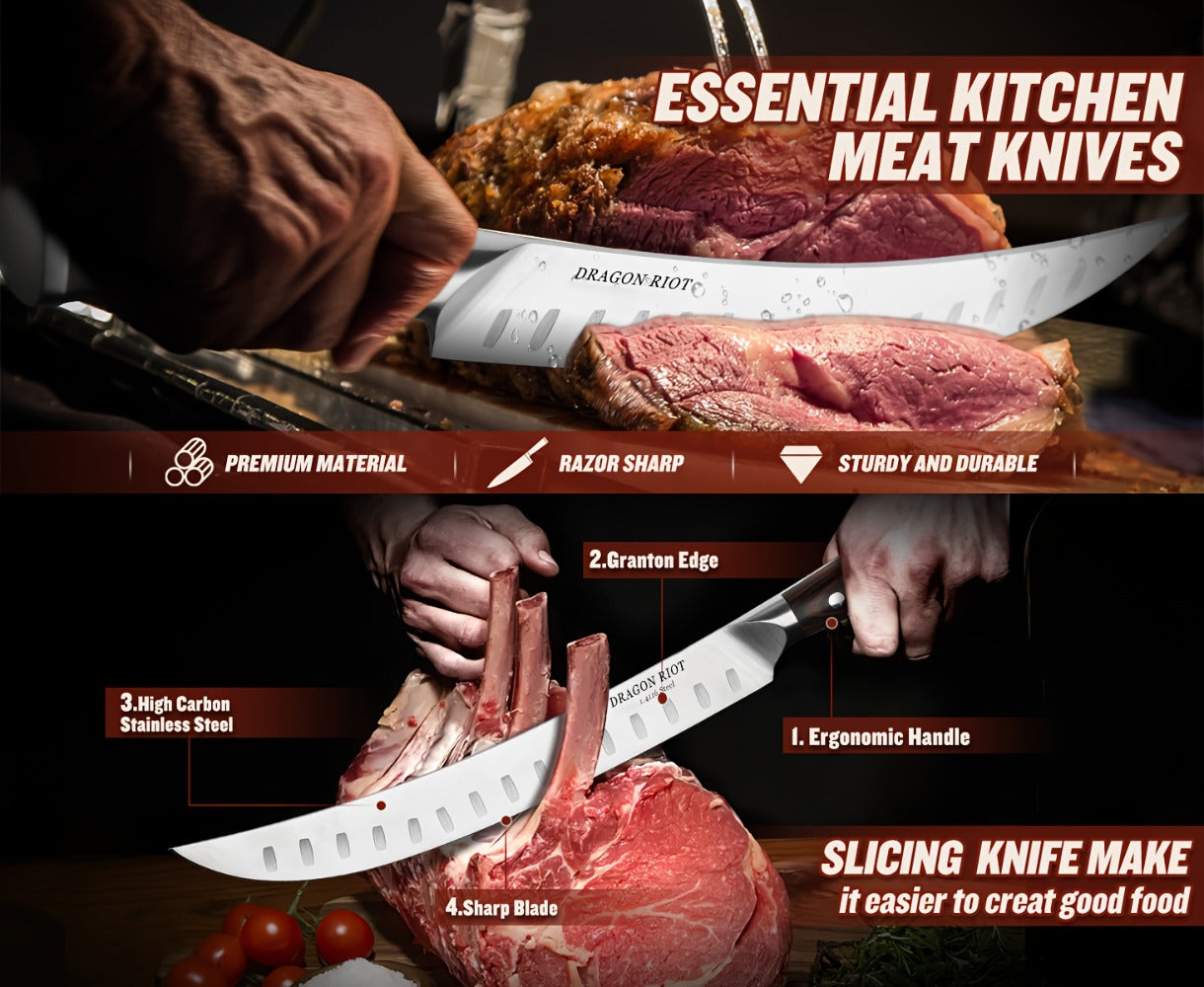 Brisket Carving Knife 10 Inch, High Carbon Steel Granton Edge Slicing Knife, Hand Forged Meat Carving Knife with Wood Handle for BBQ