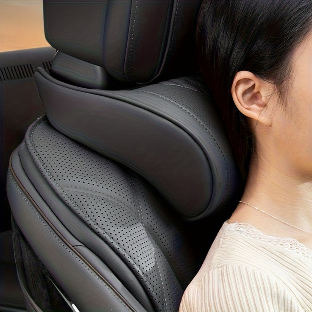 Car Neck Pillow Nappa Leather Headrest – Memory Foam Lumbar Support with Embroidery, All-Season Universal Car Interior Accessory