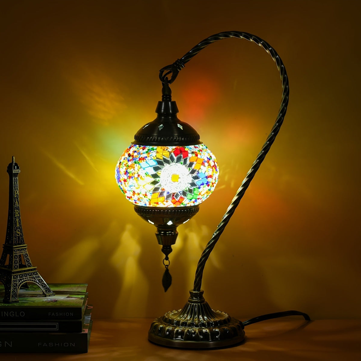 Table Lamp with Swan-Neck Mosaic Glass Shade, Metal Base, Six Color Options and Three White-Light Modes