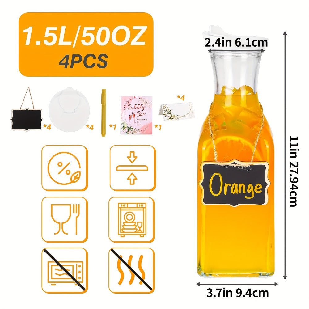 Glass Carafes with Lids Set of 4 – 1.5L Beverage Pitcher for Iced Tea, Cold Brew Coffee, Milk & Cold Drinks