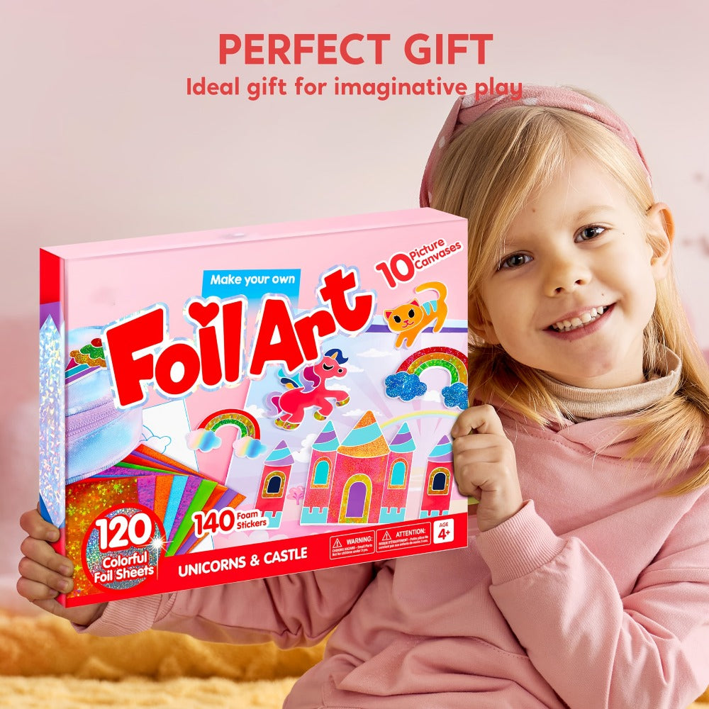 Foil Art Kit for Girls 10 Canvases 120 Colorful Foil Sheets 140+ Foam Stickers, Mess-Free Glue-Free Unicorn Princess Fairy Craft