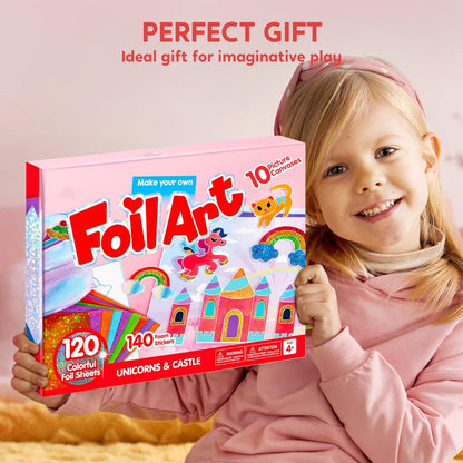 Foil Art Kit for Girls 10 Canvases 120 Colorful Foil Sheets 140+ Foam Stickers, Mess-Free Glue-Free Unicorn Princess Fairy Craft