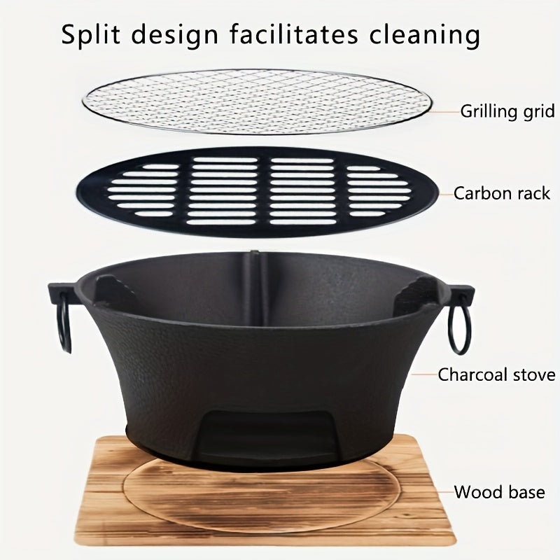10.25-Inch Round Charcoal Grill with Cast-Iron-Labeled Body, Removable Cooking Grid and Wood Base