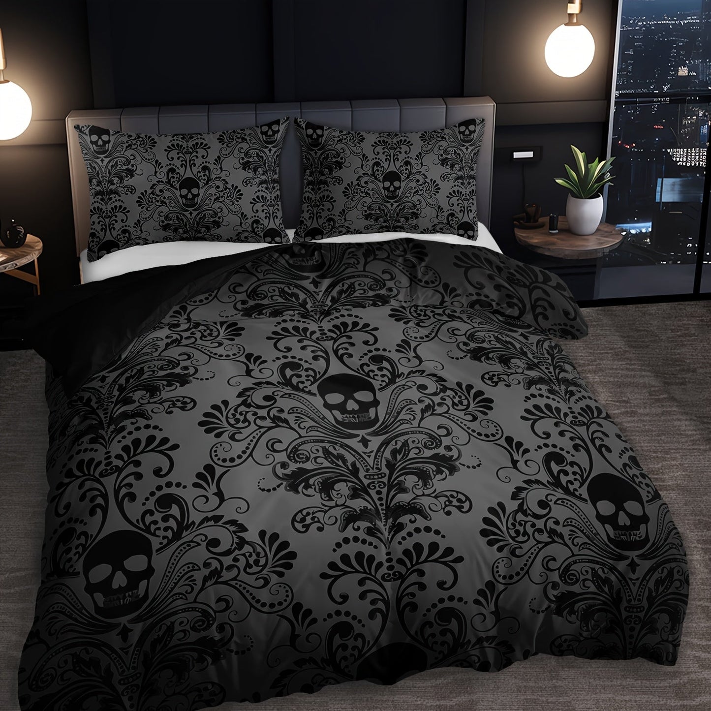 Skull Duvet Cover Set 3pcs – Gothic Victorian Baroque Black & White Skull Bedding with 2 Pillowcases, Digital Print Halloween Bedroom Decor