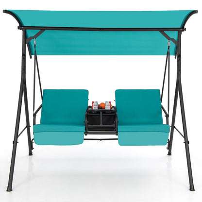 Patio Canopy Swing 2-Person with Cooler Bag Rotatable Tray Cushions 529lbs Backyard