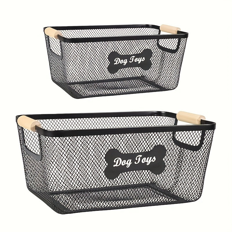 Metal Dog Toy Storage Basket Set with Wooden Handles – 2-Pack Mesh Wire Organizer Bin for Dog Toys, Collars, Blankets & Accessories