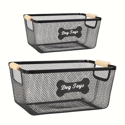 Metal Dog Toy Storage Basket Set with Wooden Handles – 2-Pack Mesh Wire Organizer Bin for Dog Toys, Collars, Blankets & Accessories