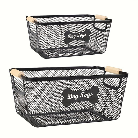 Metal Dog Toy Storage Basket Set with Wooden Handles – 2-Pack Mesh Wire Organizer Bin for Dog Toys, Collars, Blankets & Accessories