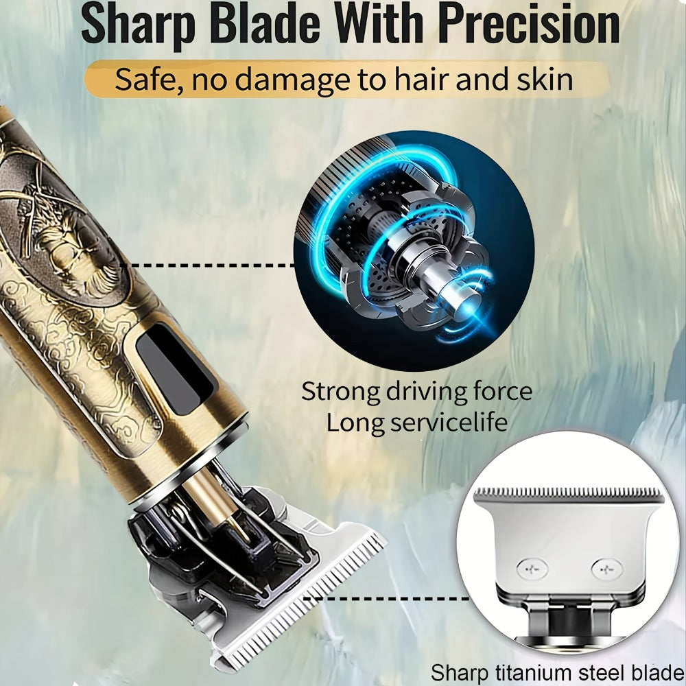 LED Hair Trimmer for Men – T-Blade USB Rechargeable 2000mAh, Vintage Dragon & Mustache Design, 4 Guide Combs, Cordless Precision Grooming