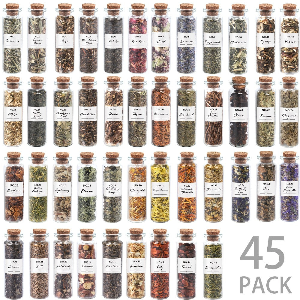 Dried Herbs Kit 45 Bottles with Crystal Spoon, Altar Supplies Herb Set for Wicca, Pagan Magic, Incense Spells & Bath Rituals