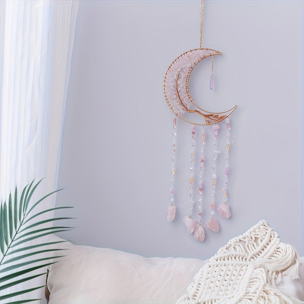 Dreamcatcher Moon Suncatcher Wall Hanging, Handmade Boho Wind Chime Pendant for Indoor Outdoor Garden