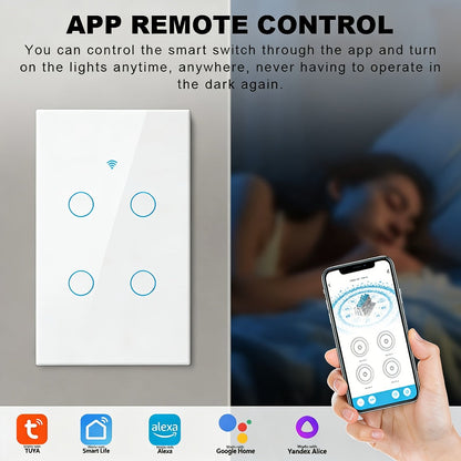 White Glass WiFi and Bluetooth Touch Wall Switch with One- to Four-Gang US-Style Options and Neutral-Wire Wiring