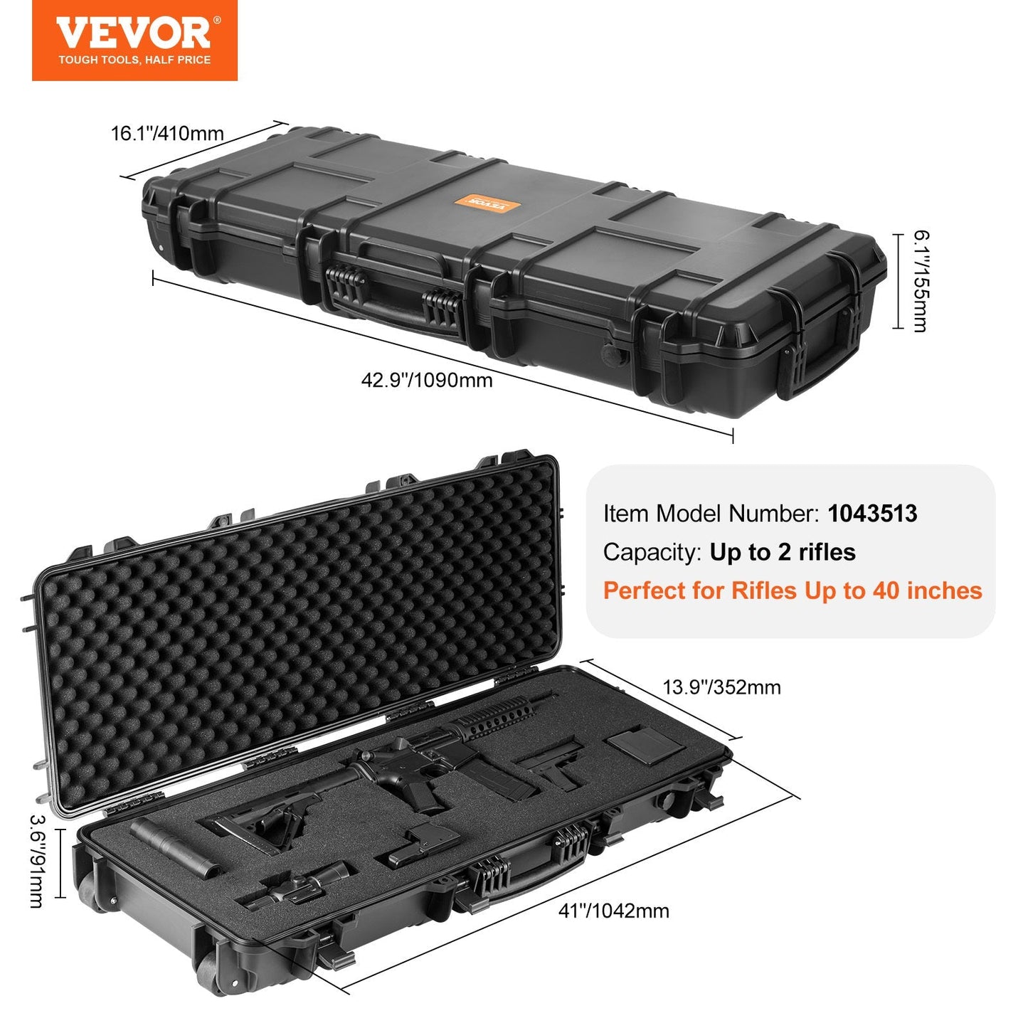 Rifle Hard Case 42 Inch Lockable with Wheels 3 Layer Foam Crushproof TSA Approved Hard Gun Case for 2 Rifles Shotguns Airsoft Guns Hunting