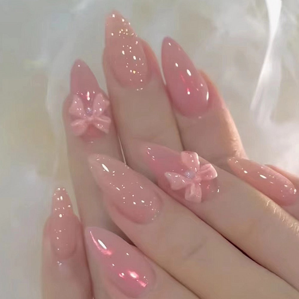 Press On Nails 96-Piece Almond Four-Pack Ice Pink Gradient Flower Butterfly Glossy Full-Cover Set