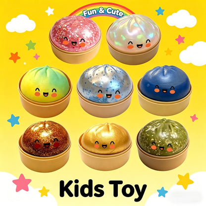 Three-Piece Random Glitter Dumpling Squishy Set with Stretchy Figures in Steamer-Style Containers