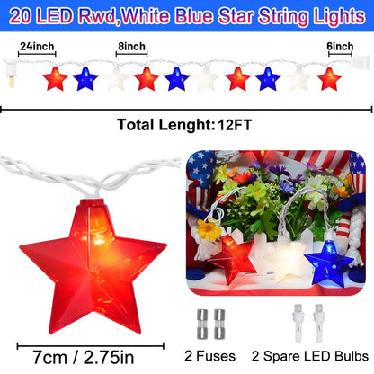 String Lights, Red White and Blue Star Lights with Plug-In Power, 8.5- or 12-Foot Length and 10 or 20 LEDs