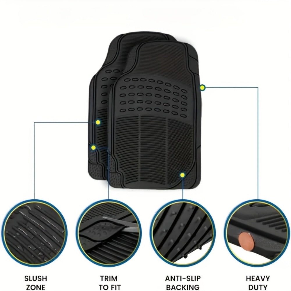 Molded Black Car Floor Mats, Three-Piece PVC Set with Two Front Mats, Rear Liner and Trim Guides