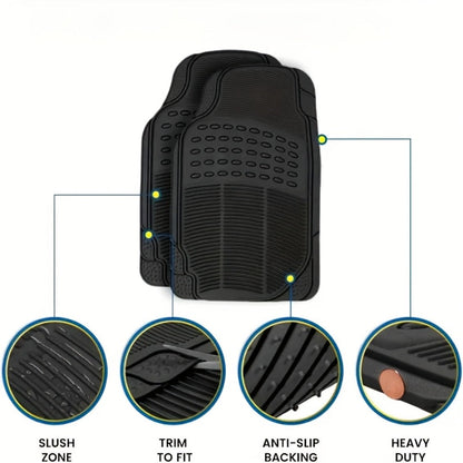 Molded Black Car Floor Mats, Three-Piece PVC Set with Two Front Mats, Rear Liner and Trim Guides