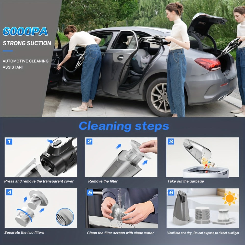 Model 807 Cordless Car Vacuum Cleaner with 6000Pa Pictured Rating, Five Accessories and Six Color Configurations