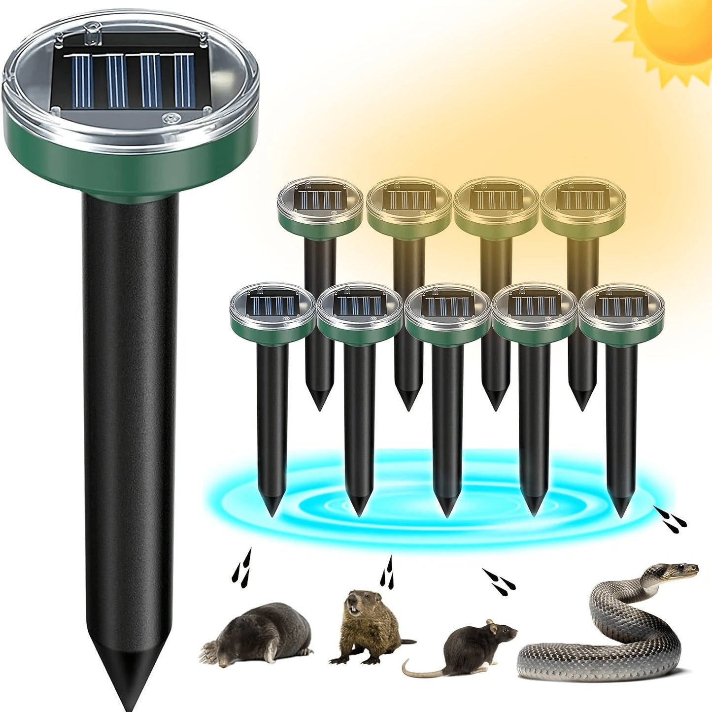 Solar Ultrasonic Pest Repeller Outdoor Rodent Stake for Yard Garden Farm Mole Snake Skunk Dog Device 2/4/6/10 Pack