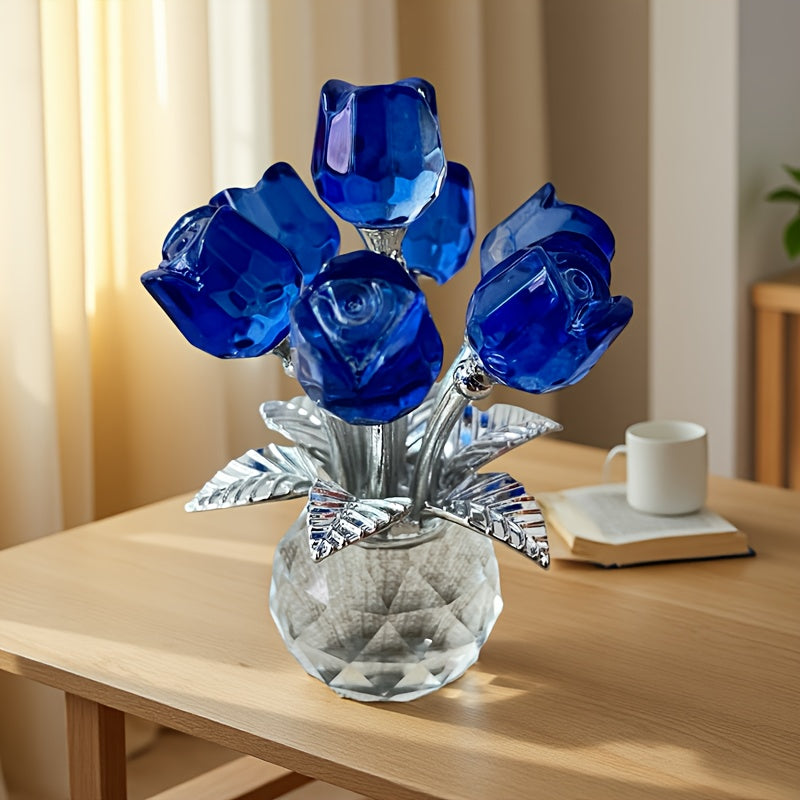 Glass Rose Sculpture Floral Home Decor – Sparkling Leaves Art Figurine for Bedroom, Living Room, Valentine's Day Gift