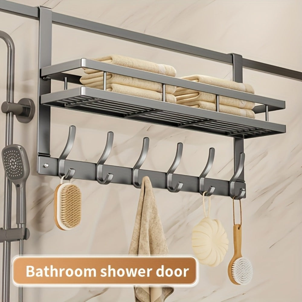 Over-the-Door Storage Rack with Metal Basket Shelf, 4 to 8 Hooks and Gray or Black Length Options