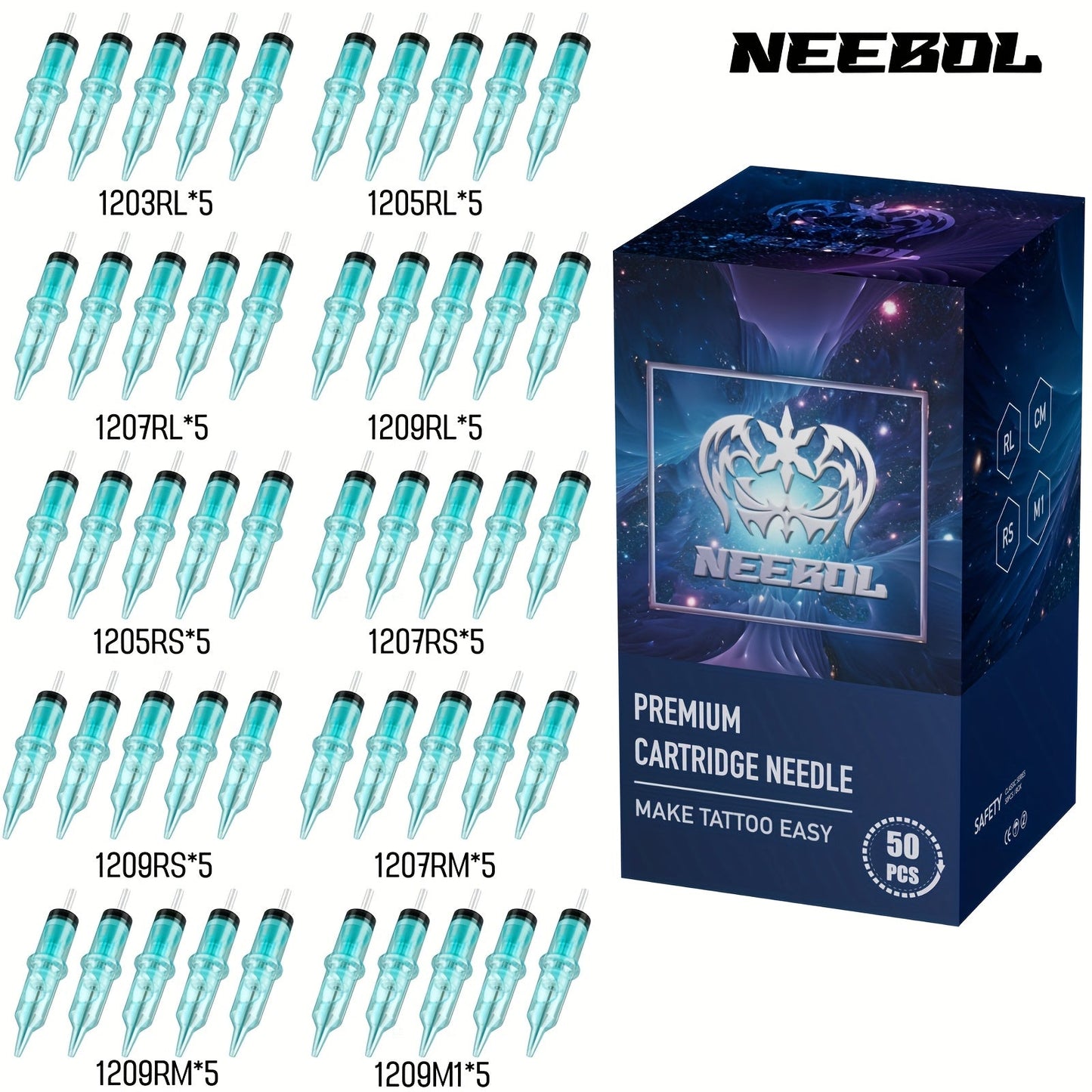 Tattoo Cartridge Needles Disposable 20/50pcs - Standard Round Liner RL & Round Magnum RM Mixed Sizes