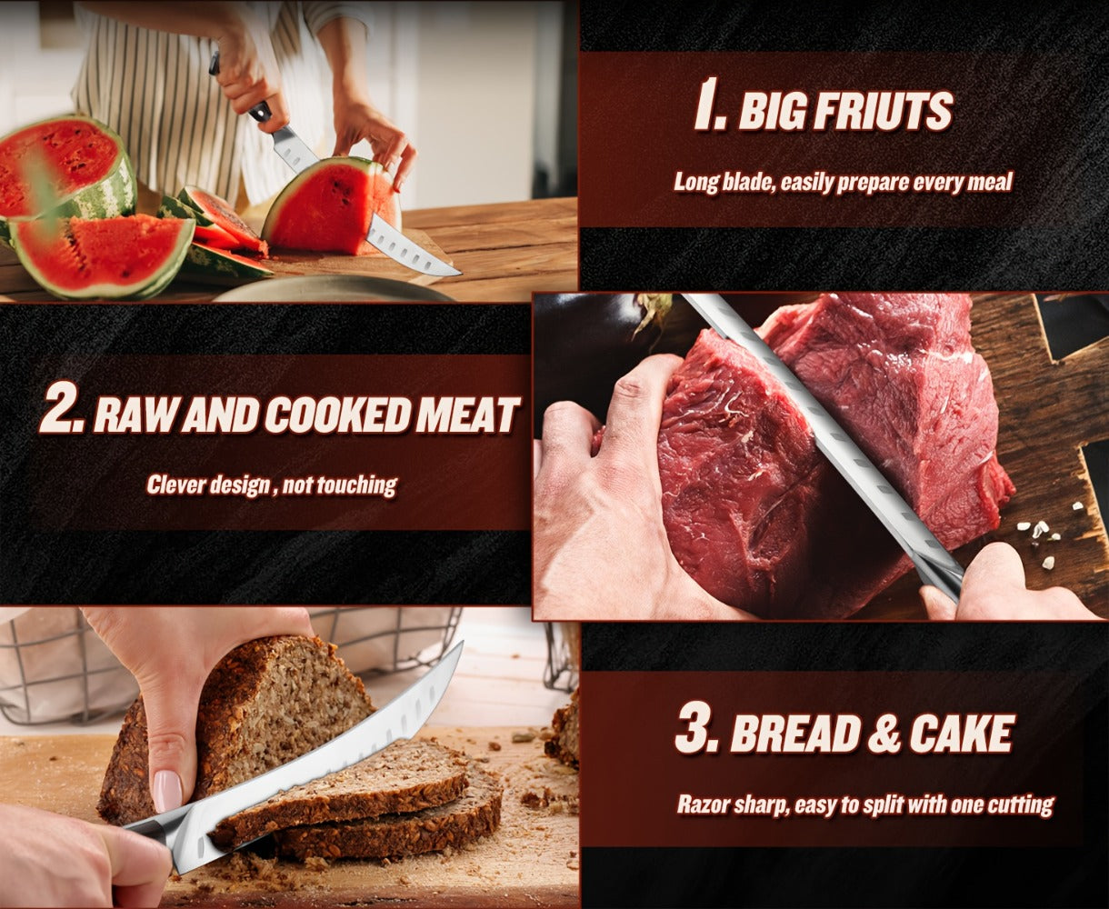 Brisket Carving Knife 10 Inch, High Carbon Steel Granton Edge Slicing Knife, Hand Forged Meat Carving Knife with Wood Handle for BBQ