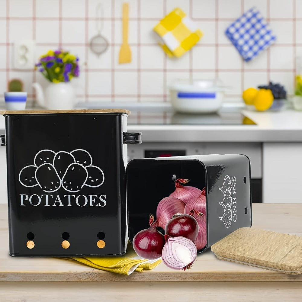 Kitchen Storage Canister Potato Onion Storage Bin Aerating Ventilation Holes Wooden Lid for Home Cooking, Dining and Outdoor Meals