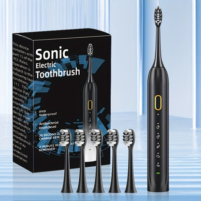 Sonic Electric Toothbrush IPX8 Waterproof USB Rechargeable with 5 Replacement Brush Heads, Smart Timer, Metal Shaft