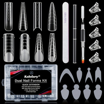 Poly Gel Nail Extension Form Kit – 192pcs Dual Forms, 96pcs Reusable Pads, 8 Shapes Acrylic Mold, Brush Pen