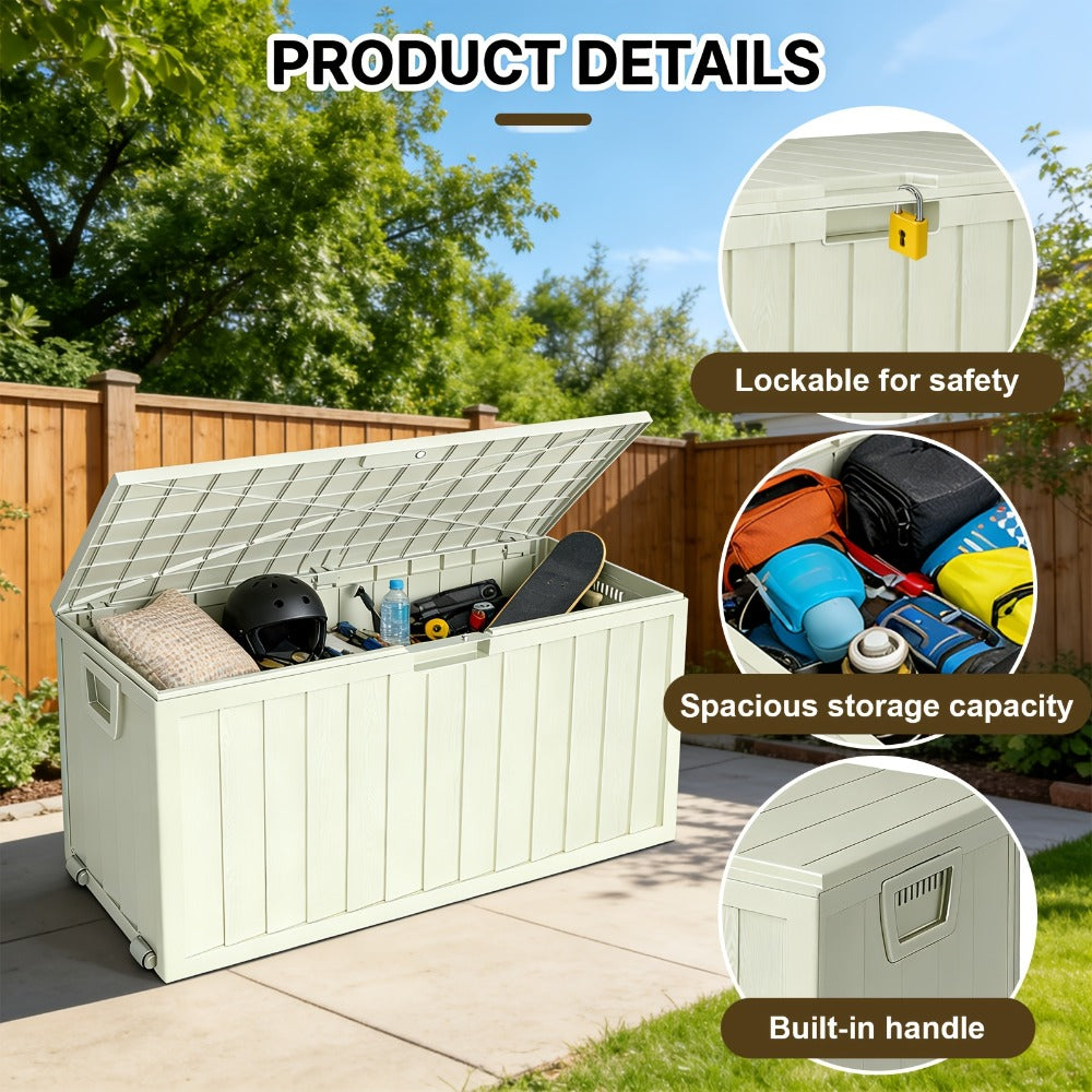 75-Gallon Outdoor Storage Box with Hinged Lid, Side Grips, Small Wheels and Three Color Options