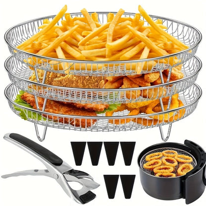 Ten-Piece Round Air Fryer Rack Set with Three Stackable Trays, Two Handling Tools and Five Grips