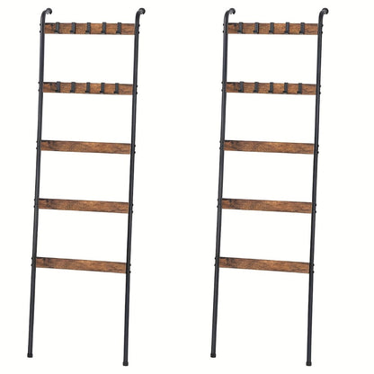 Blanket Ladder 5 Tier Farmhouse Wood with 10 Removable Hooks Wall Leaning Towel Rack Quilt Holder for Living Room Bathroom Bedroom Decor