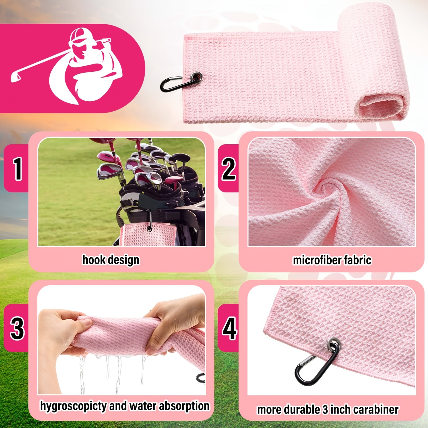 12-Piece Pink Golf Accessory Set with Towel, Eight Tees, Brush, Retractable Clip and Divot Tool with Ball Marker