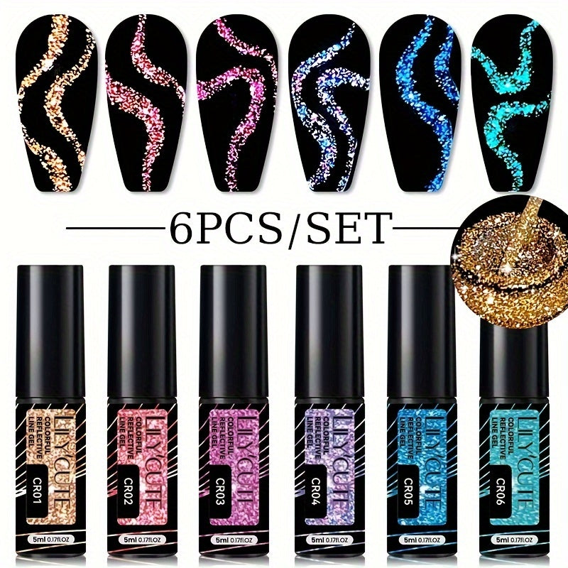 Reflective Liner Nail Art Gel Six-Bottle Set with 5ml CR01 to CR06 Colors and Slim Brushes for Detail Lines
