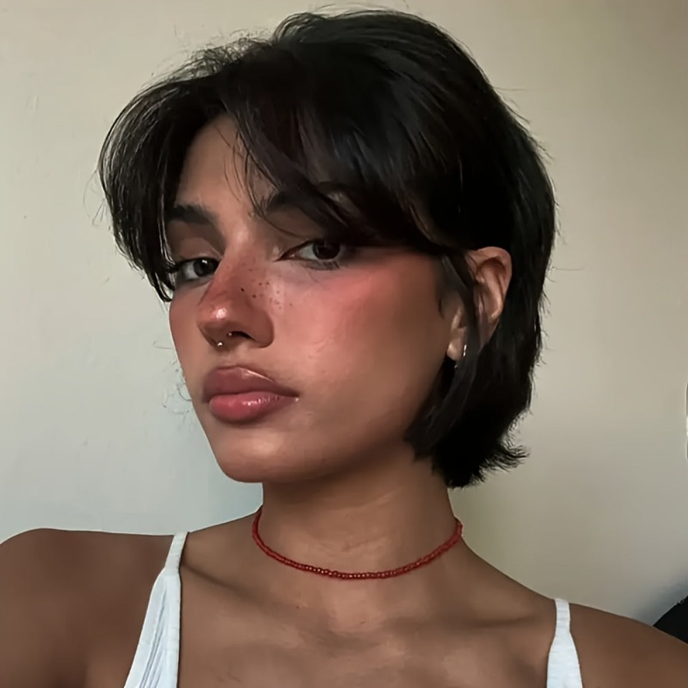 Pixie Cut Wig Human Hair with Bangs Glueless Short Brazilian Layered Machine Made Throw-On-and-Go Hairpiece Natural Black 1B Medium Brown #4