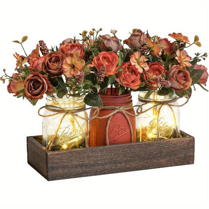 Mason Jar Centerpiece Table Decorations with Wood Tray & LED Lights, 3-Piece Farmhouse Decor Set for Dining Room