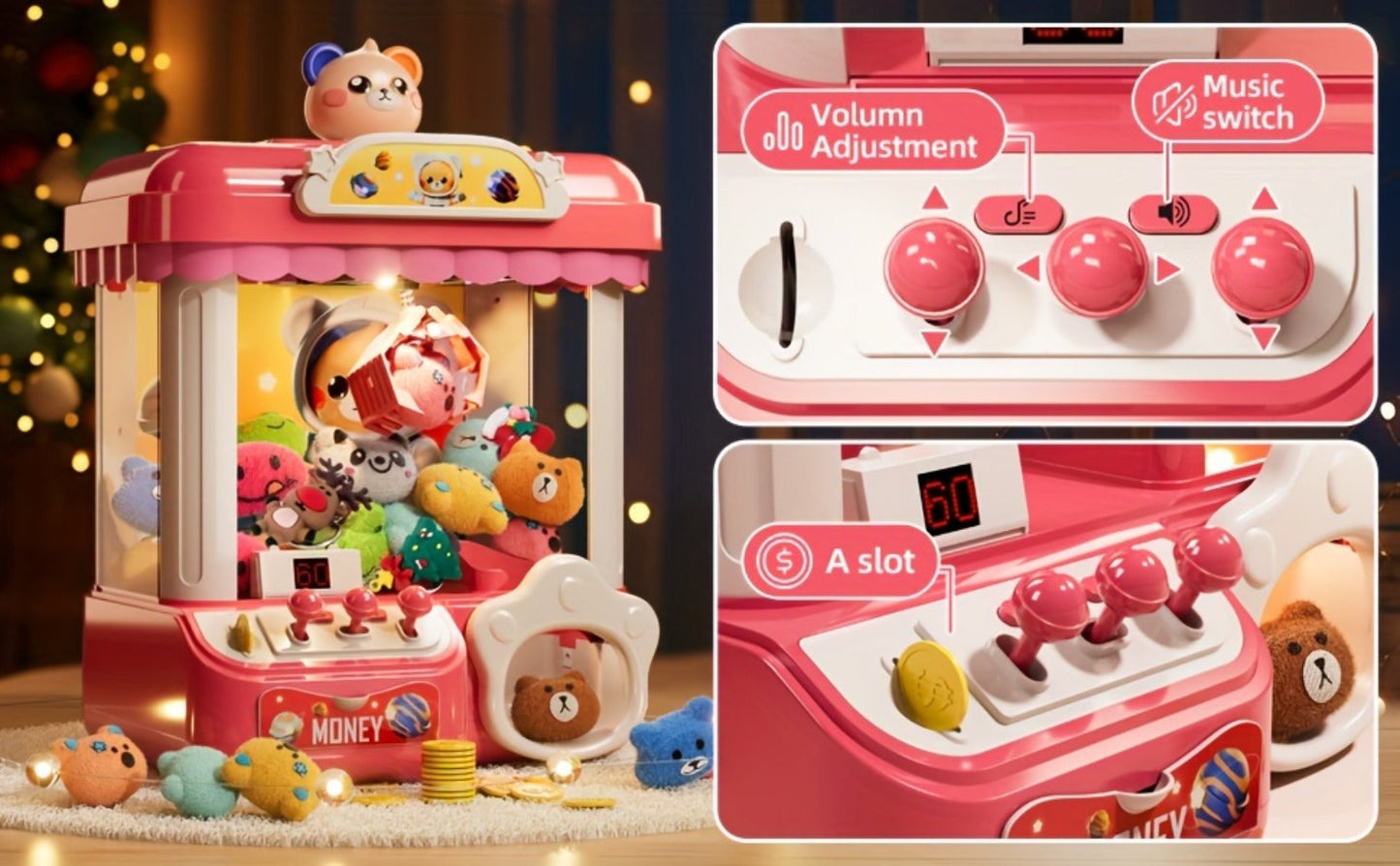 Mini Claw Machine for Kids with Lights Music Pink, Large 16.9" Arcade Claw Toy with 20 Coins 16 Plush Dolls USB Cable