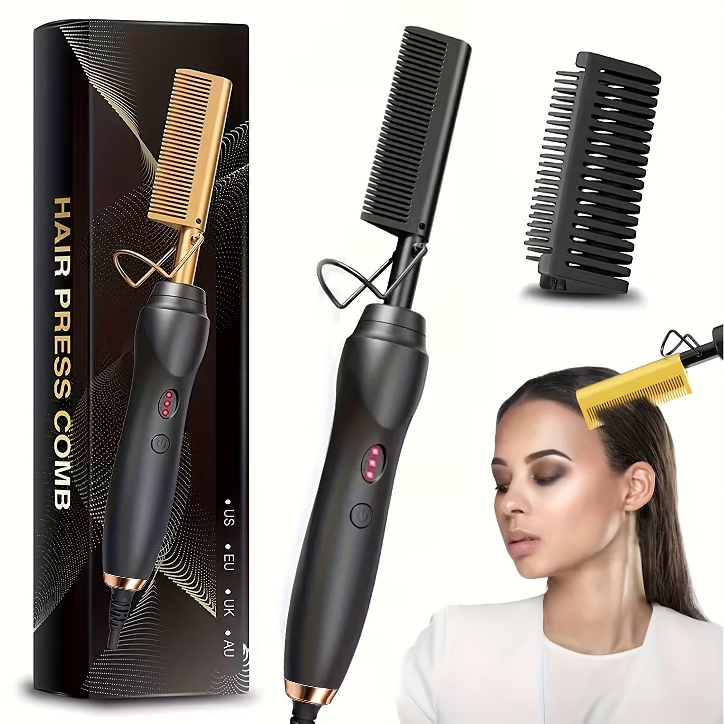 Electric Hot Comb Hair Styling Tool with Ceramic Heater, Holder, Two Clips and Five Color Options
