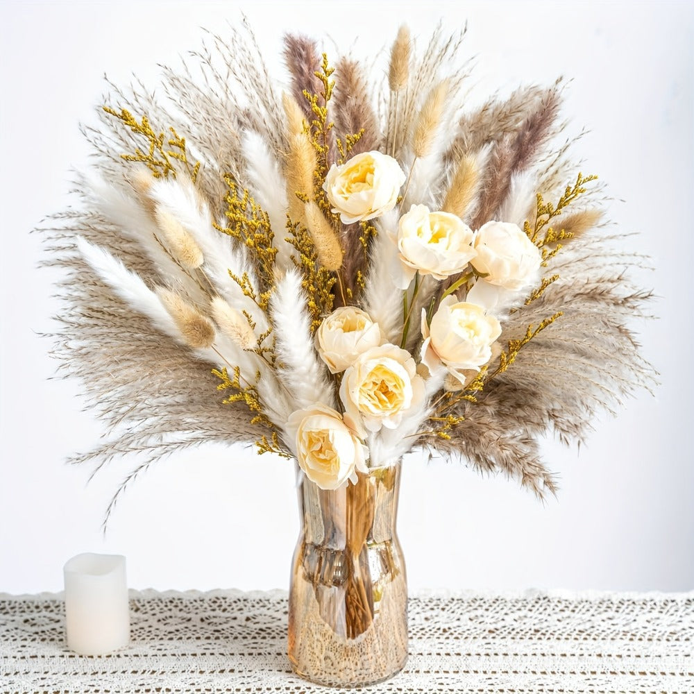 Dried Flower Bouquet Pampas Grass with Artificial White Beige Roses 51 91pcs Boho Dried for Entryways, Bedrooms and Living Spaces