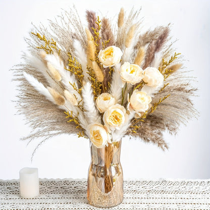 Dried Flower Bouquet Pampas Grass with Artificial White Beige Roses 51 91pcs Boho Dried for Entryways, Bedrooms and Living Spaces