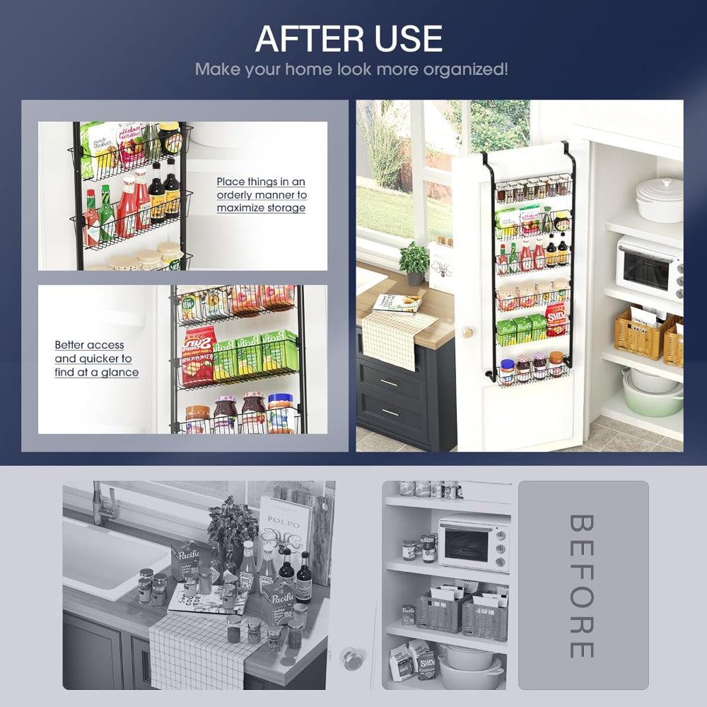 Over Door Pantry Storage Organizer 6 or 8-Tier Metal Spice Rack in Black or White for Kitchen Use