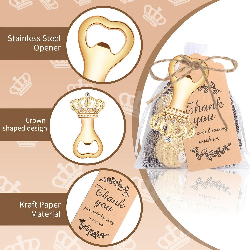 Crown Bottle Opener Wedding Favors, 10 Sets with Organza Bags, Thank You Tags and Twine for Bridal Showers and Guest Gifts