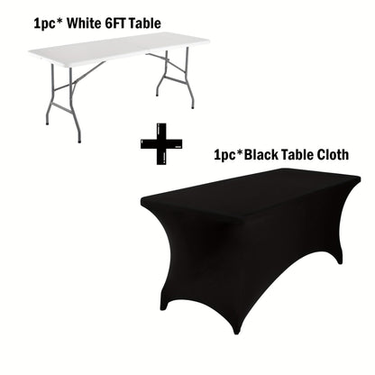 Folding Table shown in the White, 6FT + Black Tablecloth option