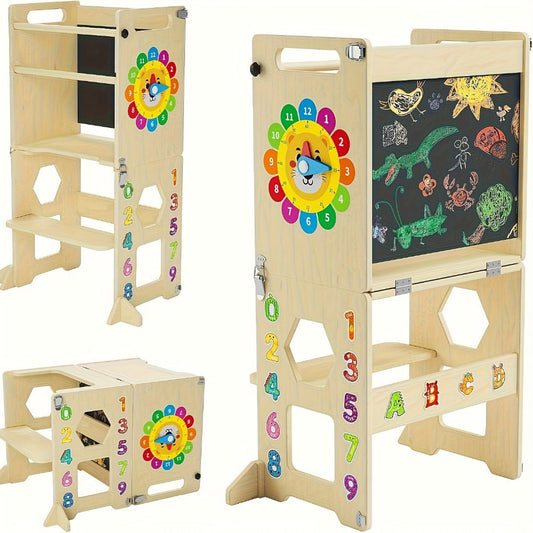 Toddler Learning Tower, 4-in-1 Foldable Wood Step Stool with Learning Clock & Blackboard shown in the main product view