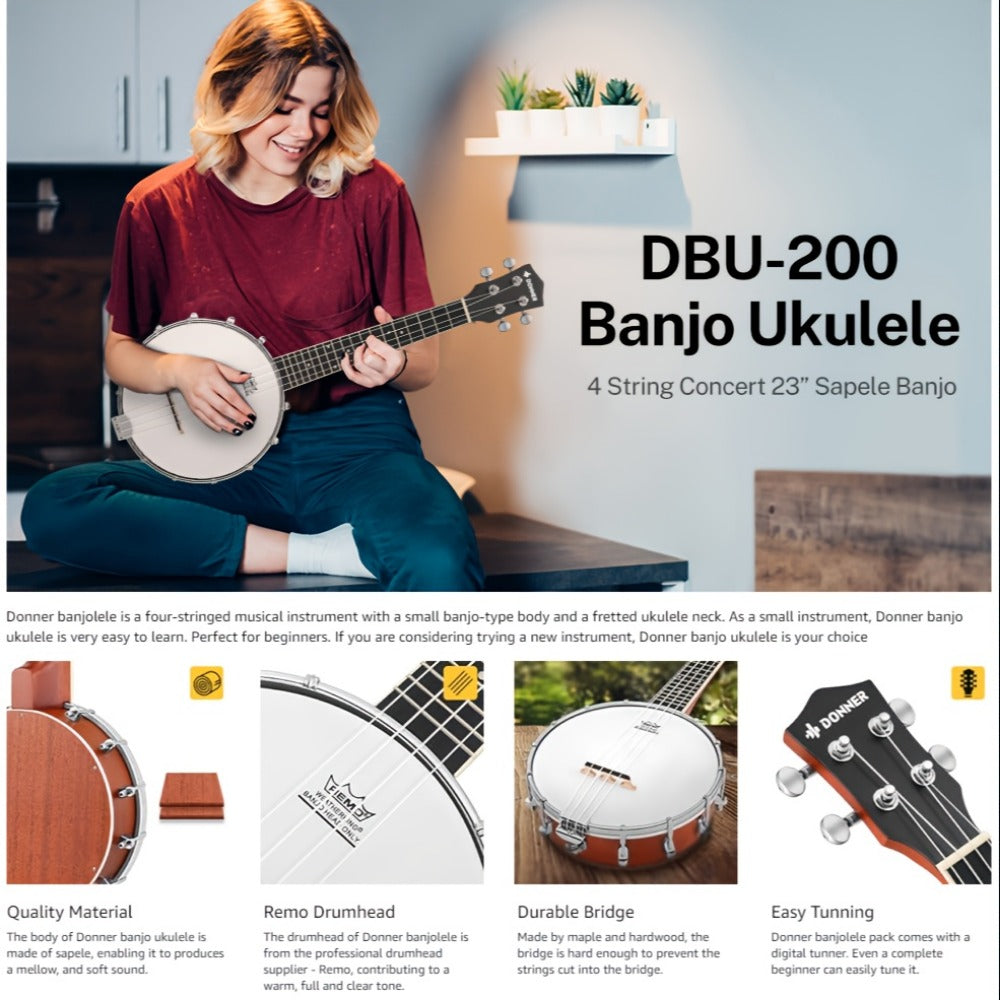 4-String Banjo Ukulele, 23-Inch Beginner Kit with Gig Bag and Picks detail image - detail view 10