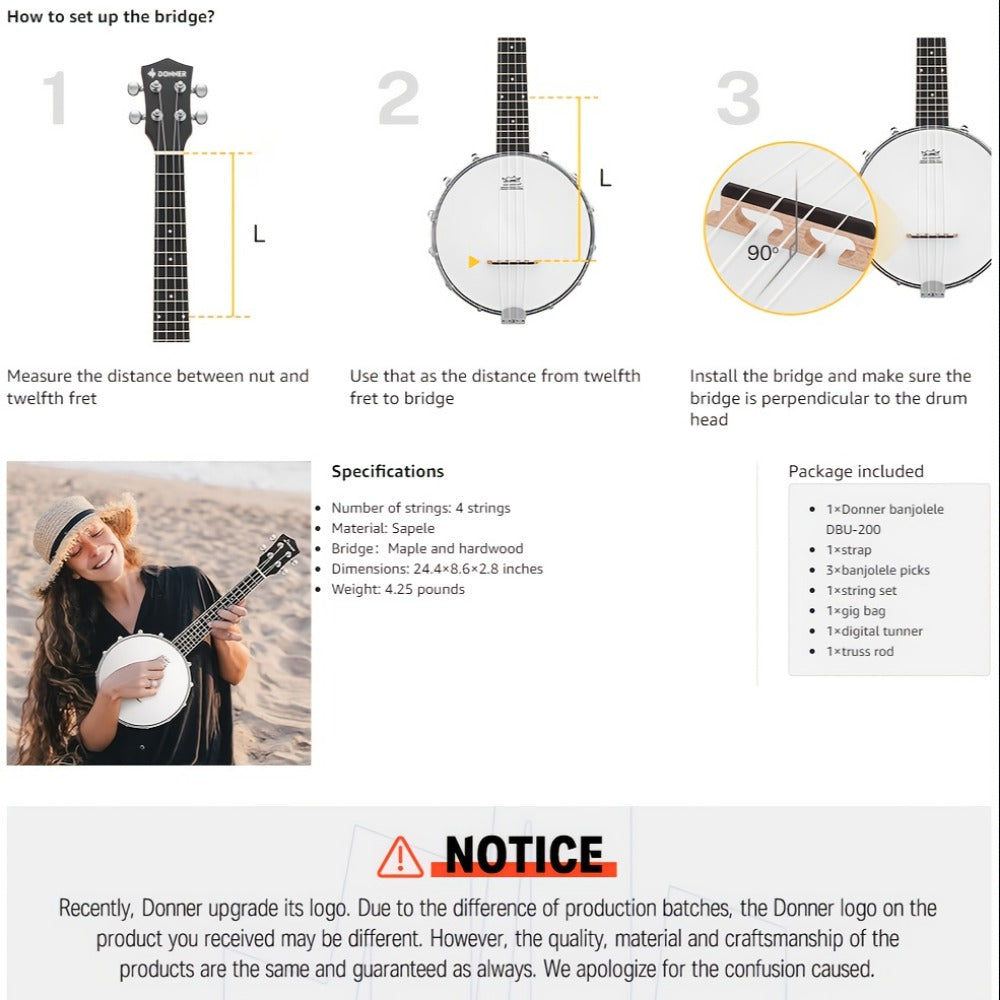 4-String Banjo Ukulele, 23-Inch Beginner Kit with Gig Bag and Picks detail image - detail view 11