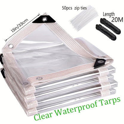 Clear Tarp Transparent PE Tarpaulin with Grommets, Rainproof Cover for Porch Canopy Henhouse Plant Camping & Outdoor Garden